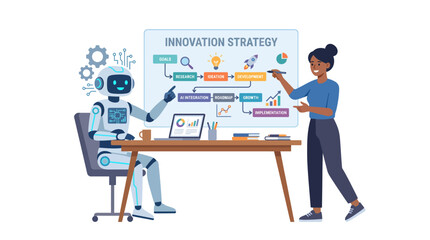 Naklejka premium Robotic and Human Collaboration in Innovation Strategy Meeting.