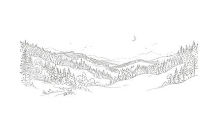 Obraz premium Scenic Mountain Landscape with Forests and Valleys in Pencil Sketch Style.
