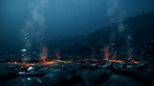 Underwater volcanic vents releasing bubbles and magma with underwater, seafloor