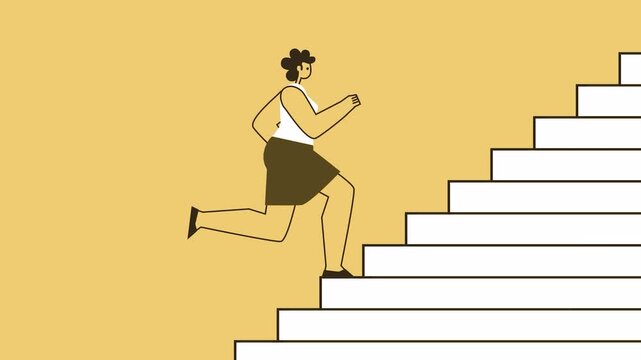 Woman climbing stairs animation showing professional growth and career success video
