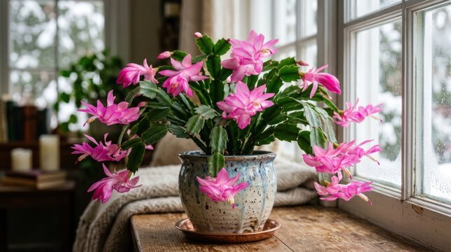 Beautiful Pink Christmas Cactus Blooming on a Wooden Table by the Window.