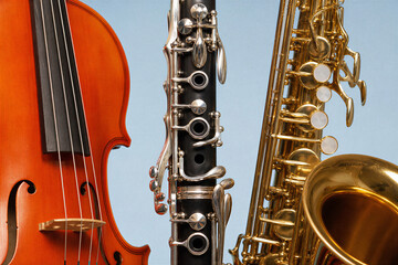 Obraz premium Violin clarinet and saxophone lined up together representing musical instruments and music education