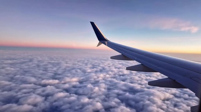 Airplane wing view from window above a thick layer of clouds during a beautiful sunrise or sunset with a colorful gradient sky