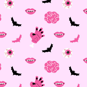 Halloween seamless pattern with spooky vampire lips zombie hands brains bats and eyeballs on pink background for autumn holiday textile ornament commercial graphic