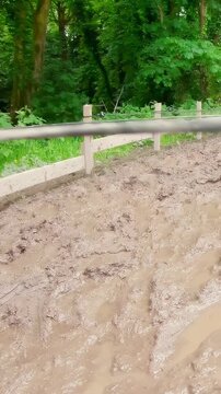 Vertical video: Crawling man pulling through fenced mud under low rope, in dark top, striped socks