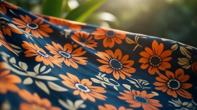 Vibrant orange floral fabric with dark blue background and white