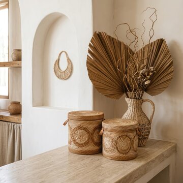 Neutral boho interior with woven baskets and dried plants.