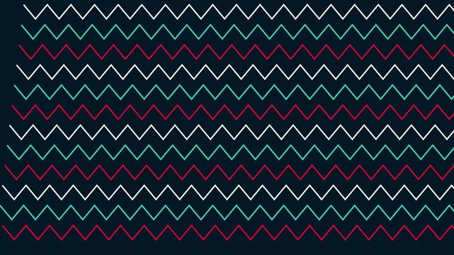 Minimalist zigzag line pattern motion background, abstract geometric animated texture in red, white, and teal colors