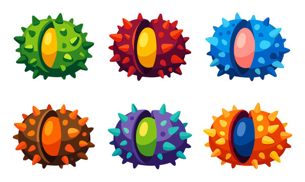 Spiky plant pods open, revealing a vibrant inner core that suggests mystical alien life, game assets, and fantasy elements