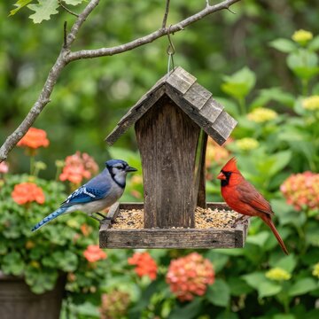 Blue jay and northern cardinal perching on wooden feeder.