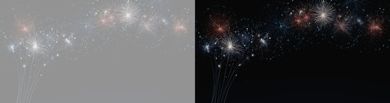 Abstract fireworks celebration overlay, twin colourful firework sparks arch bursts on black background wide banner, night sky fireworks explosion effect with trailing light streaks, 4th anniversary