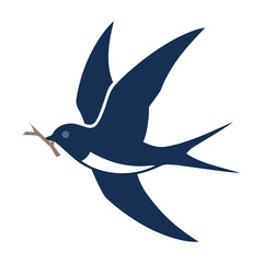 Naklejka premium Swallow bird in flight carrying a twig depicted as a bold solid black silhouette with minimalist geometry on a pure white background nature wildlife concept