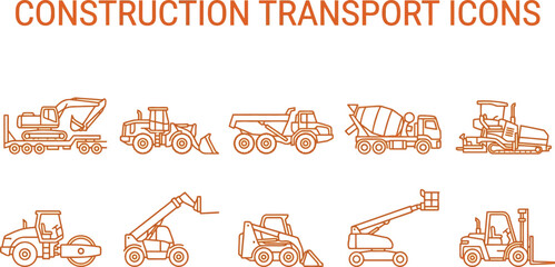 Construction transport outline icons set for heavy machinery and building site equipment © Sahinur 