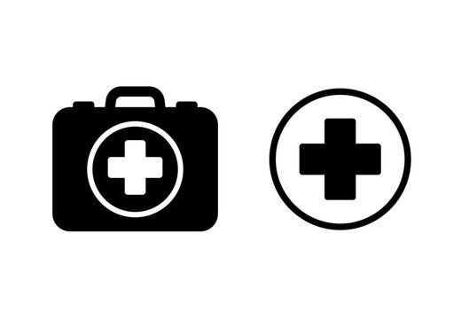 First aid icon with first aid kit symbol. Medical briefcase icon. FIRST AID sign with box and cross symbol Sign