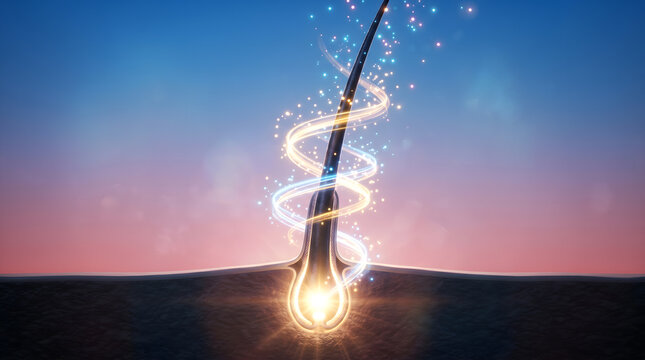 Glowing hair follicle cross section with swirling light spiral and sparkle energy particles