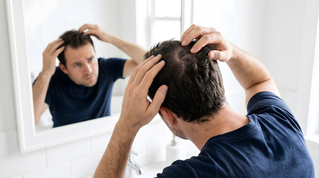 Man checking thinning bald spot on crown in bathroom mirror with both hands