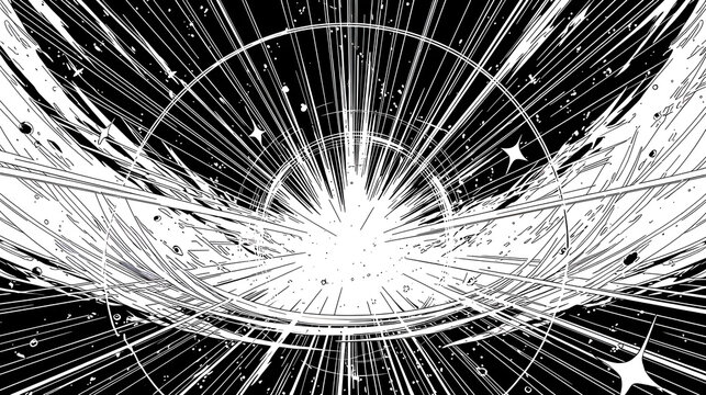 中央の爆発的な光から強烈な集中線と三日月状のエフェクトが放射する、漫画・アニメ風の超大迫力モノクロ背景素材