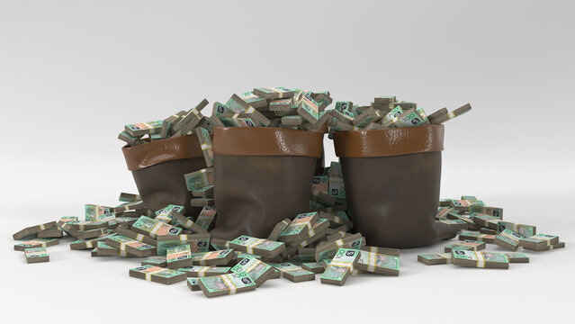 Sacks and piles of one hundred australian dollar banknotes scattered on a white surface