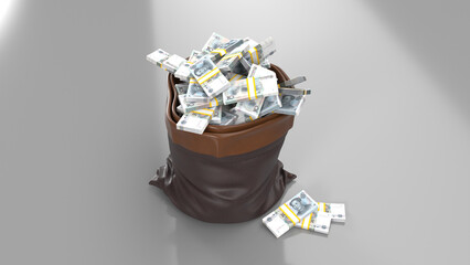 Leather sack full of ten Chinese yuan banknotes on a grey background © Suryani