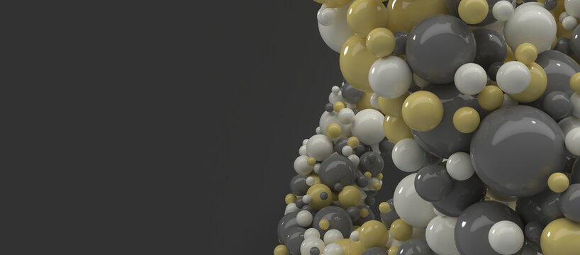 Close-up of abstract structure made of yellow, grey and white spheres on a dark background