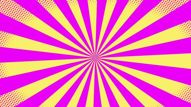 4k seamless looping animated hot pink pop art background. Yellow sunbeams . Polka dot pattern moving on round. Sunny summer kid funny banner. Sun explosion in center. 3d text birthday party backdrop