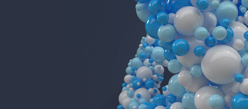 Close-up of abstract structure made of glossy blue and white spheres against a dark background