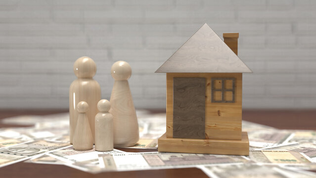 Wooden peg doll family and model house on top of Indonesian rupiah banknotes