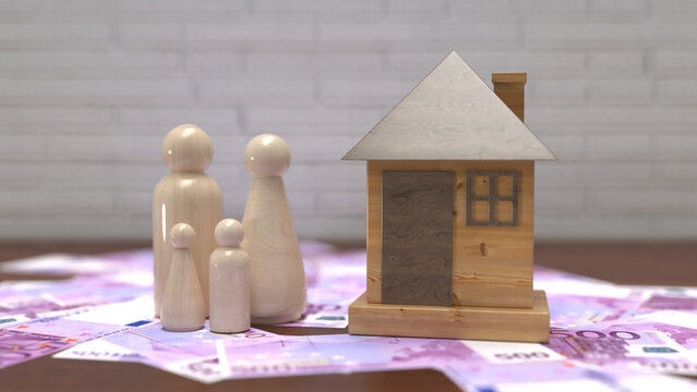Wooden peg doll family and model house on top of Euro banknotes