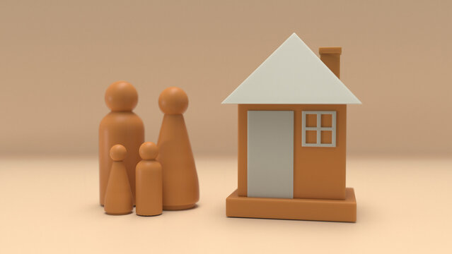 Minimalist wooden peg doll family and model house on a plain orange background