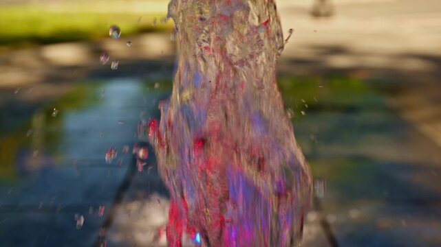 Close-up of water stream rising from pavement fountain, playful splash and sunlight reflections in public space, 4K