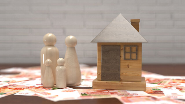 Wooden peg doll family and model house on top of Russian ruble banknotes