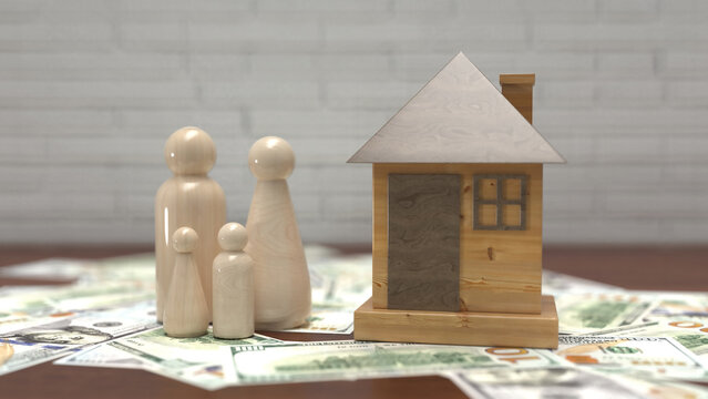 Wooden peg doll family and model house on top of US dollar banknotes
