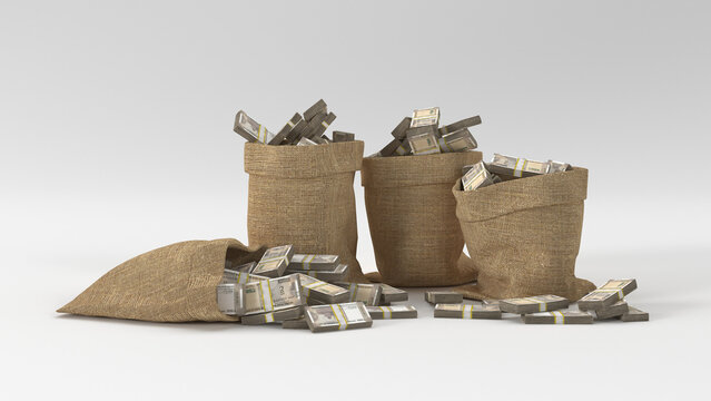 Sacks full of 500 Indian Rupee bill bundles on white background