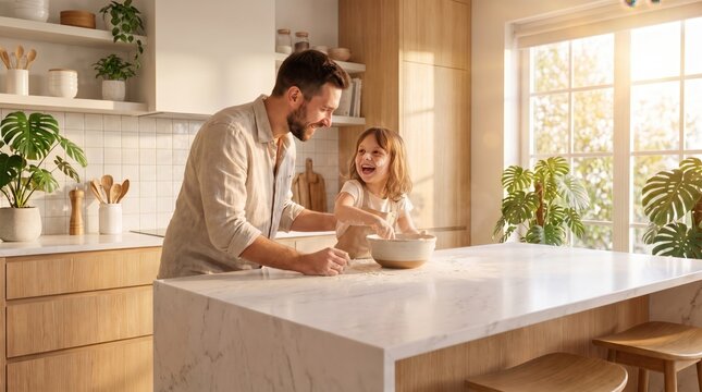 Happy Father and Young Daughter Cooking Together in Kitchen