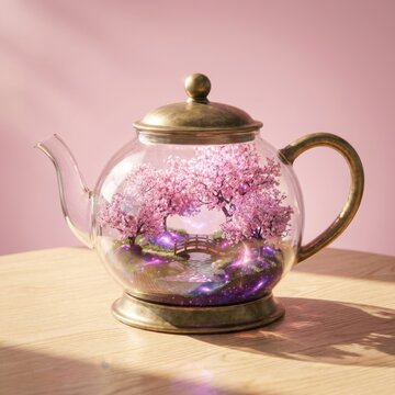 Glass Teapot with Miniature Cherry Blossom Japanese Garden Inside