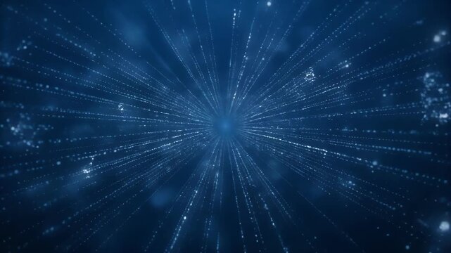 Abstract blue digital particles radiating outward in a cosmic pattern