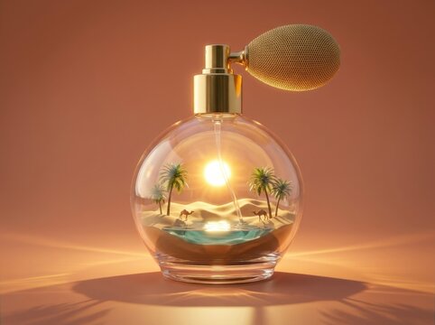 Vintage Perfume Bottle with Desert Oasis Camels and Palm Trees