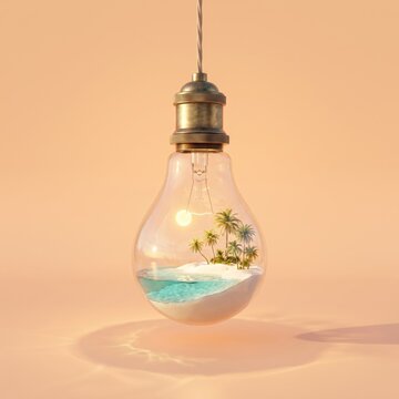 Tropical Beach Island with Palm Trees Inside Vintage Light Bulb