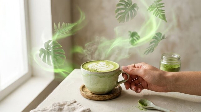A Hand Holds a Steaming Cup of Matcha Latte with Green Swirls.