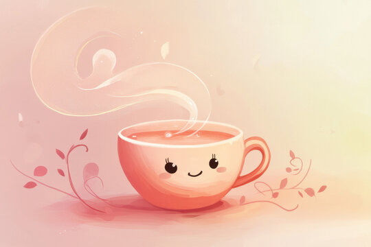 Cozy Kawaii Teacup - A charming pastel pink mug with a cute smiling face releases elegant swirls of warm steam while resting gently amidst delicate botanical vines and soft gradient lighting