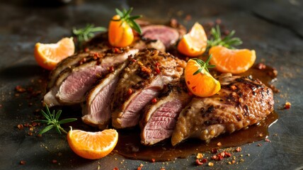 French cuisine. Exquisite meat dish Duck breast with oranges (Canard à l'orange / Magre de canard). The meat is cut into thin slices and served with slices of fresh oranges, rosemary sprigs and pink 