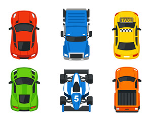Fototapeta premium Showing a top-down view of a sedan, truck, taxi, racecar and pickup