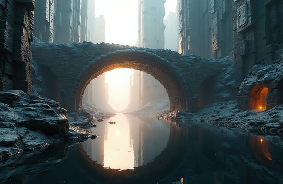 Stone bridge arches over calm water reflecting futuristic city structures. Misty light shines through opening. Dark, rocky banks feature small lit tunnels on right.