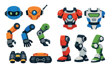 Naklejka premium Robotic parts include heads, torsos, arms and legs, supporting automation technology design