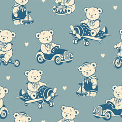 Vintage nursery Seamless pattern with teddy bears in muted color graphic background. Charming bear cubs driving bicycles, cars, and flying toy airplanes. © Vigurskaia Sofiya