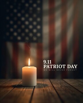 A solemn tribute for 9.11 Patriot Day featuring a single glowing candle placed on a rustic wooden table against a dark, blurred American flag background.