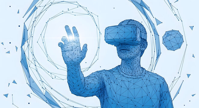  Man Using VR Headset Experiencing Virtual Reality Technology and Futuristic Metaverse Simulation, Blue Digital Interface Background with Geometric Lines