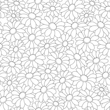 Seamless black and whitefloral background with flowers. Minimal abstract organic shapes pattern. Vector white abstact pattern with black camomiles