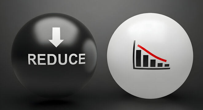 Cost reduction and business efficiency concept with black and white spheres showing descending arrow and graph