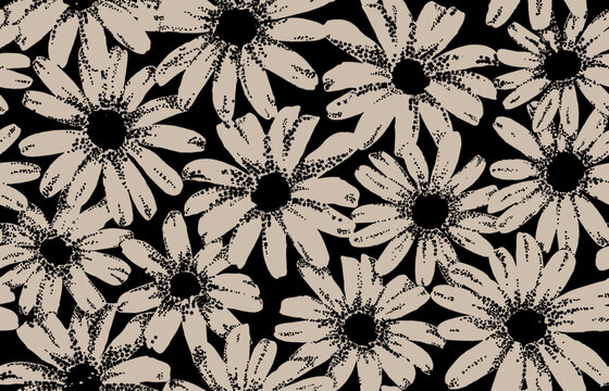 Seamless black and grey floral background with flowers. Minimal abstract organic shapes pattern. Vector black abstact pattern with grey flowers